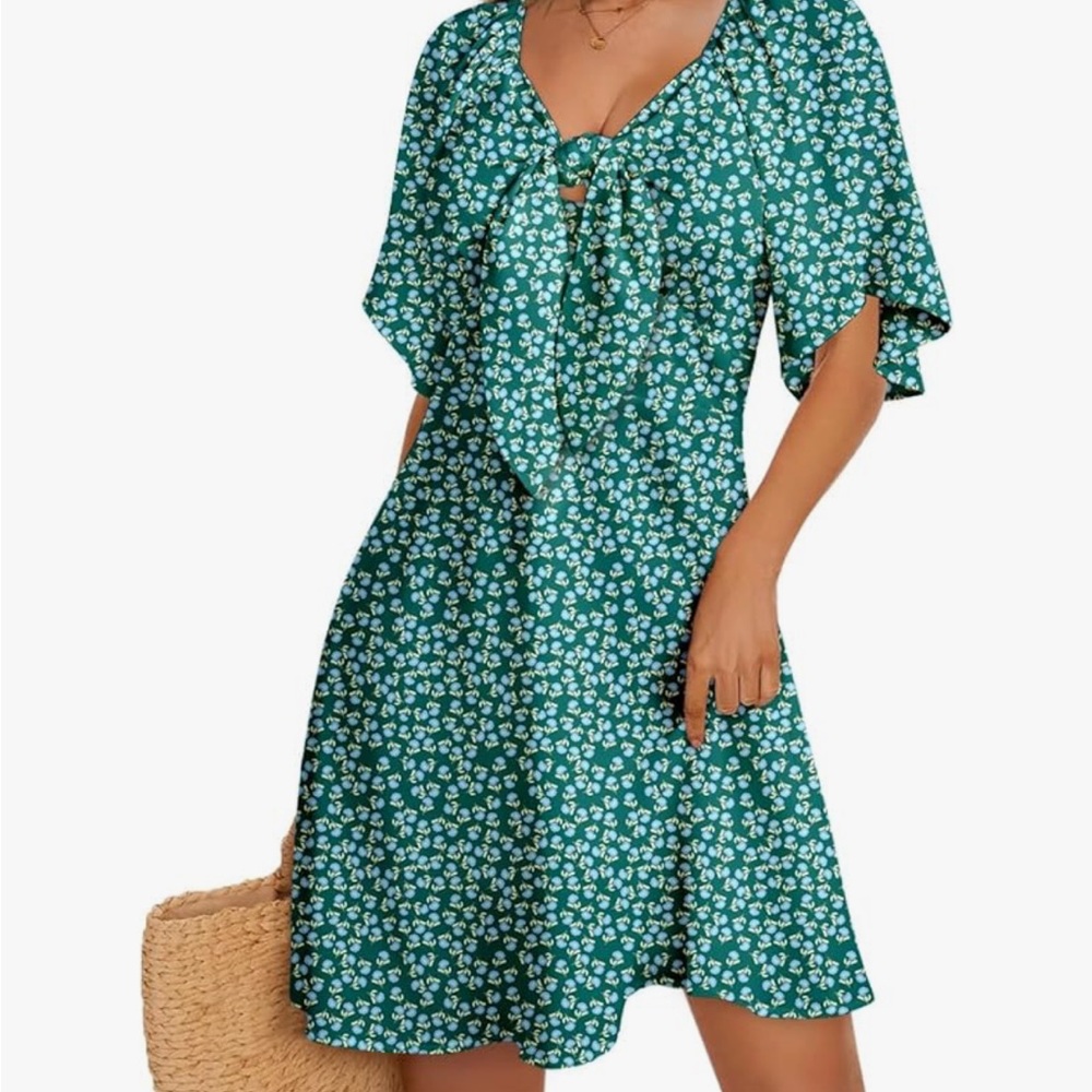 Floral Green Dress with Bow Detail